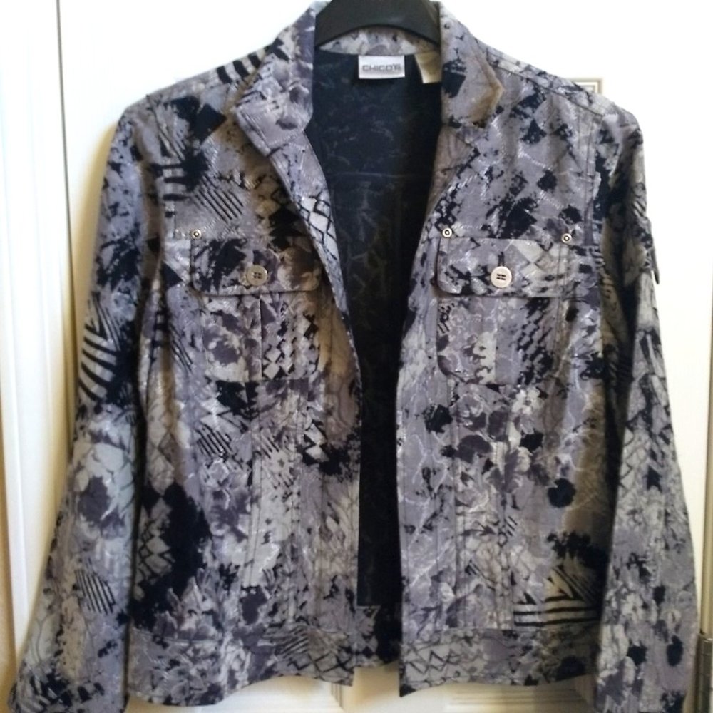 Chico's Silver and Black Floral Open Front Blazer Size Medium